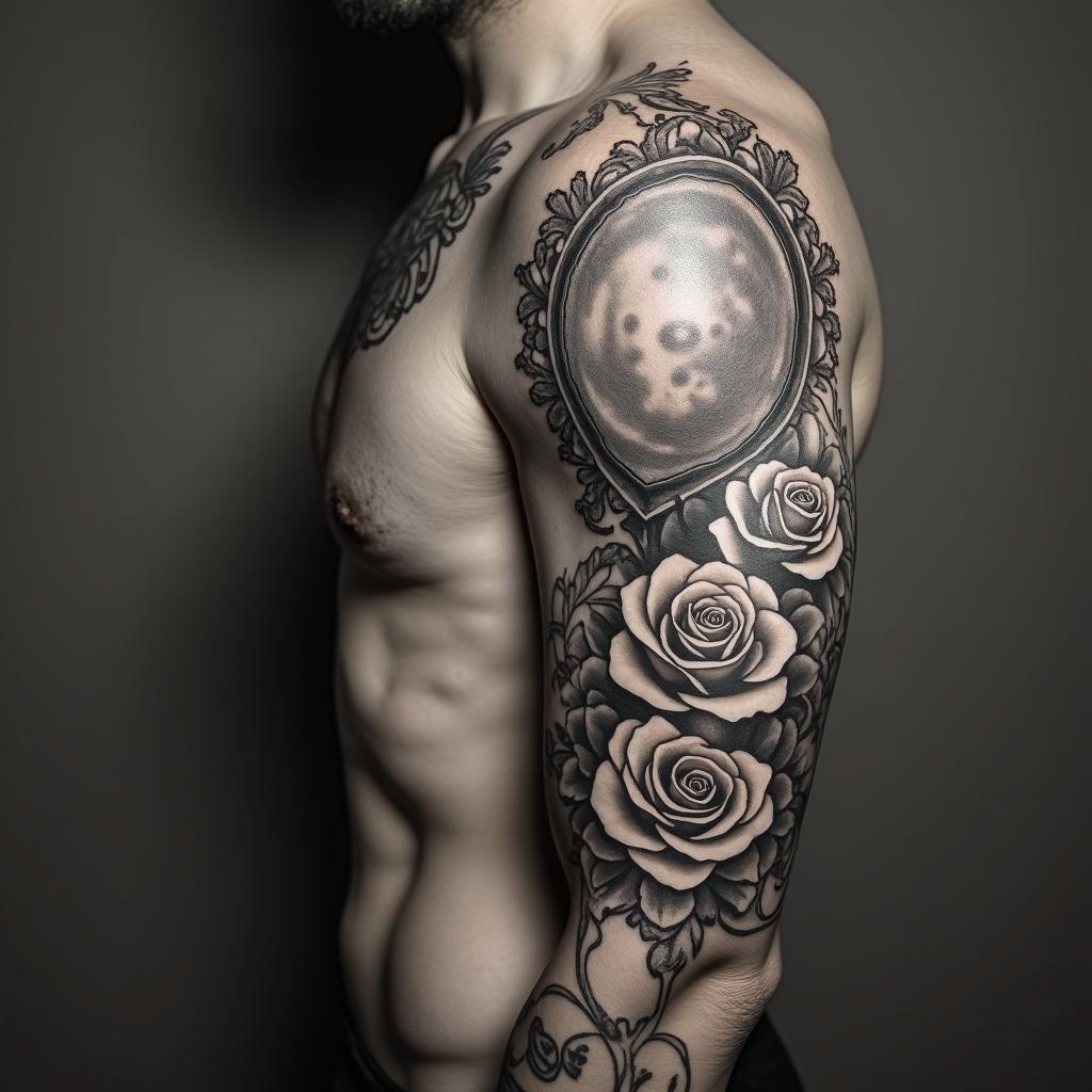 Eleazar Alcoriza April 8, 1982in victorian style tattoo, featuring vintage and elegant elements, ornate frames, roses, antique, sepia-toned color scheme