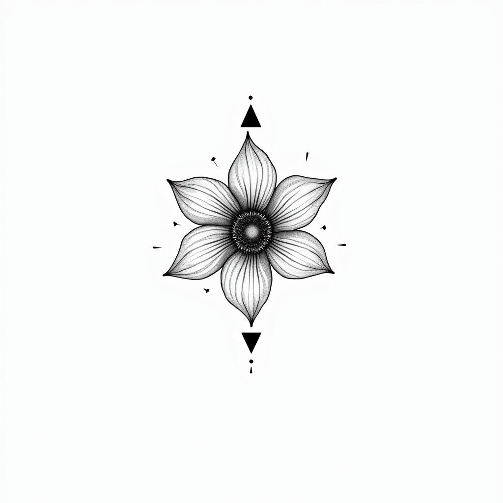 Graphic flowerin minimalist style tattoo, featuring simple shapes and fine lines, with minimal shading and details, tiny triangles, creating a sense of balance and harmony - Variation 7