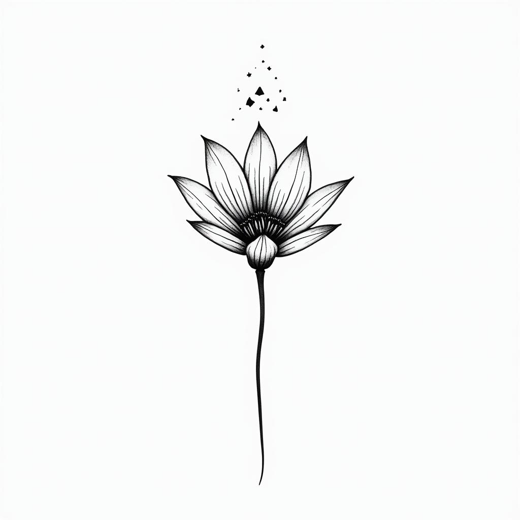 Graphic flowerin minimalist style tattoo, featuring simple shapes and fine lines, with minimal shading and details, tiny triangles, creating a sense of balance and harmony - Variation 5