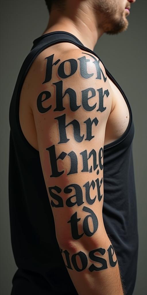 No looking backtext-based tattoo, gothic font ultra-realistic, perfectly placed, high-quality font design, photo-realistic shading, 8k, high quality, finely detailed typography - Variation 3