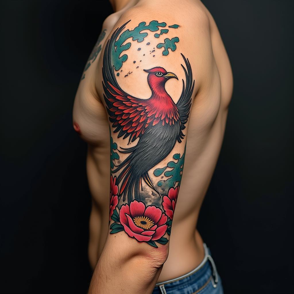 Phoenixin pop art style tattoo, featuring bold and vibrant colors, exaggerated outlines, iconic imagery, inspired by comic books and speech bubbles, comic book characters, retro pop culture - Variation 4