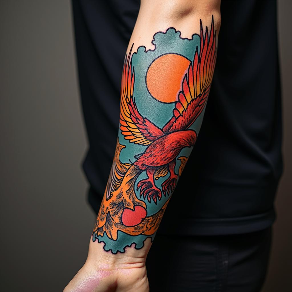 Phoenixin pop art style tattoo, featuring bold and vibrant colors, exaggerated outlines, iconic imagery, inspired by comic books and speech bubbles, comic book characters, retro pop culture