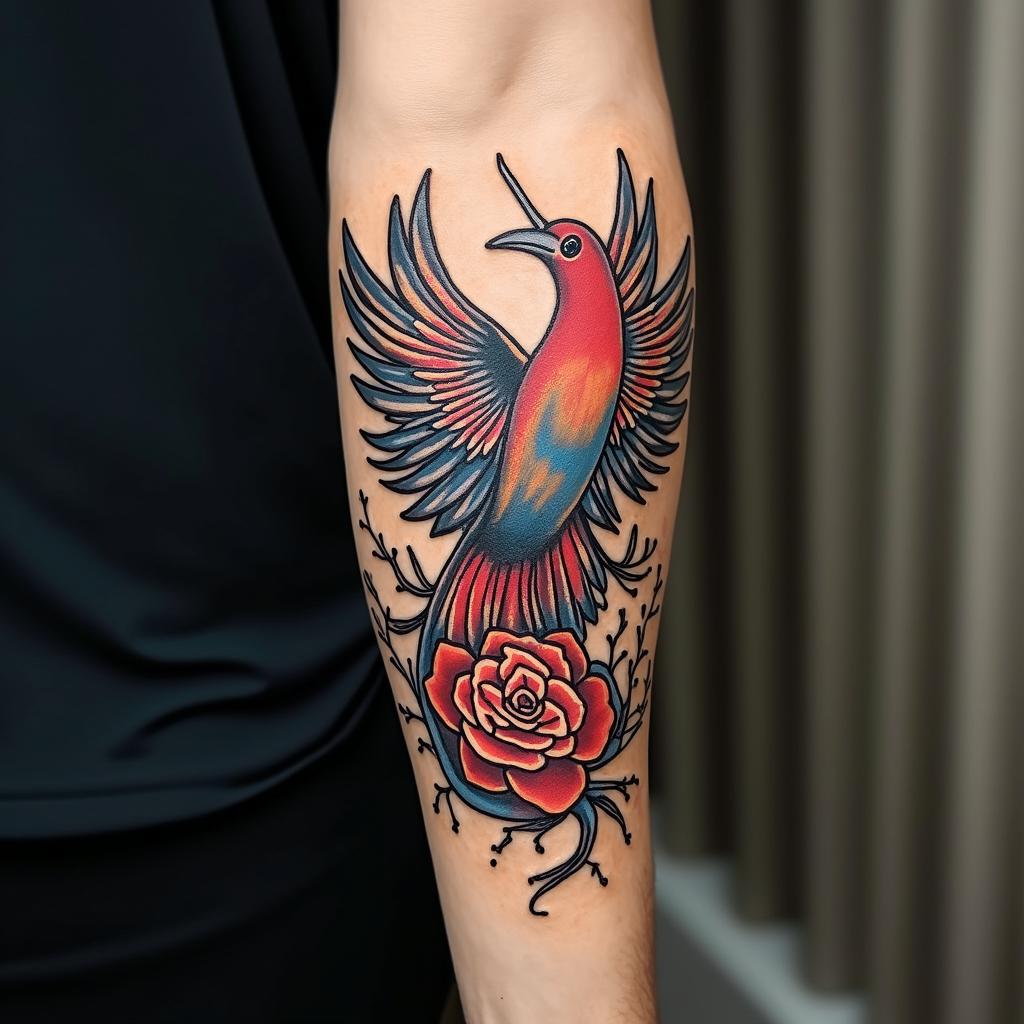 Phoenixin pop art style tattoo, featuring bold and vibrant colors, exaggerated outlines, iconic imagery, inspired by comic books and speech bubbles, comic book characters, retro pop culture - Variation 3