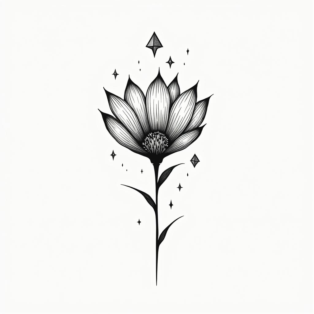 Graphic flowerin minimalist style tattoo, featuring simple shapes and fine lines, with minimal shading and details, tiny triangles, creating a sense of balance and harmony