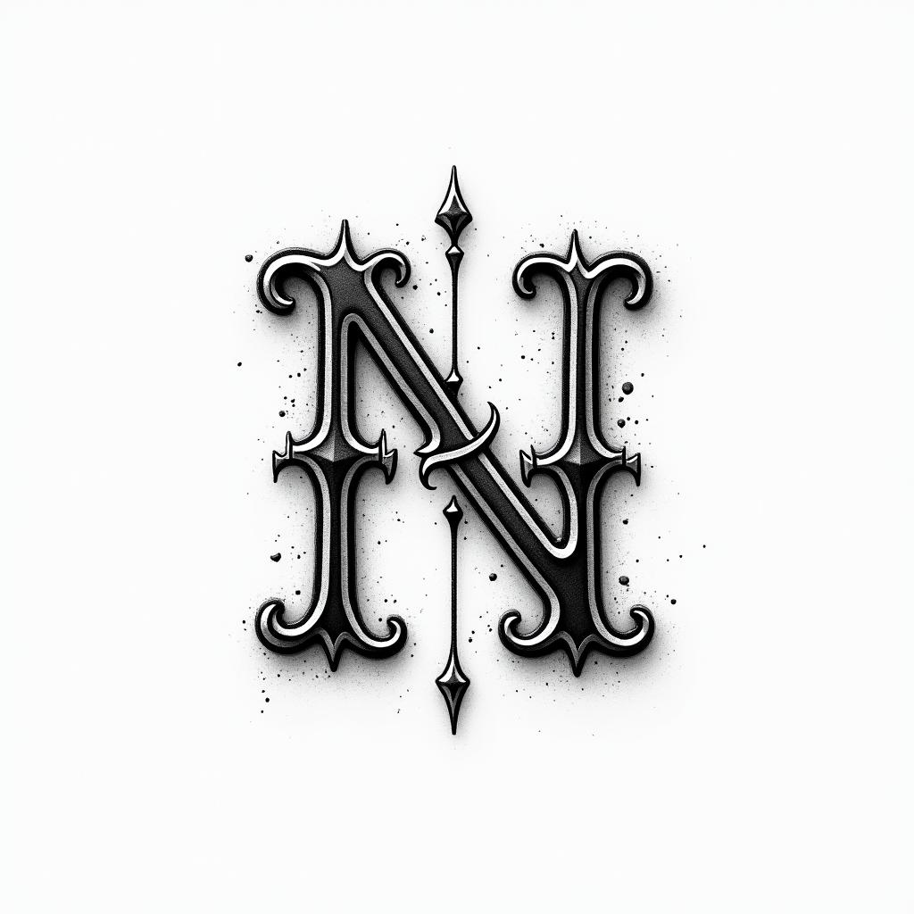 Wedding ring band with initial Ntext-based tattoo, gothic font ultra-realistic, perfectly placed, high-quality font design, photo-realistic shading, 8k, high quality, finely detailed typography - Variation 2