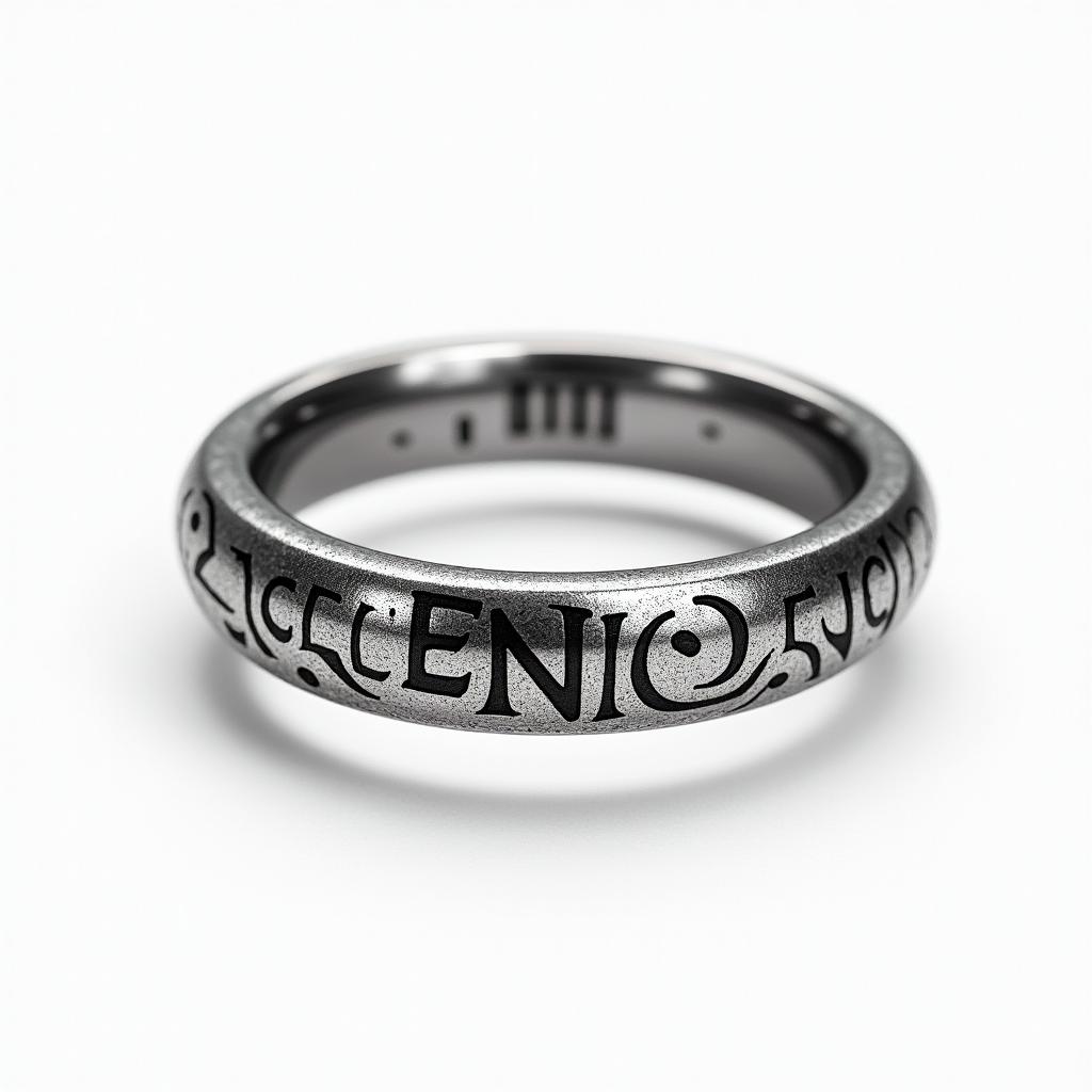 Wedding ring band with initial Ntext-based tattoo, gothic font ultra-realistic, perfectly placed, high-quality font design, photo-realistic shading, 8k, high quality, finely detailed typography - Variation 1