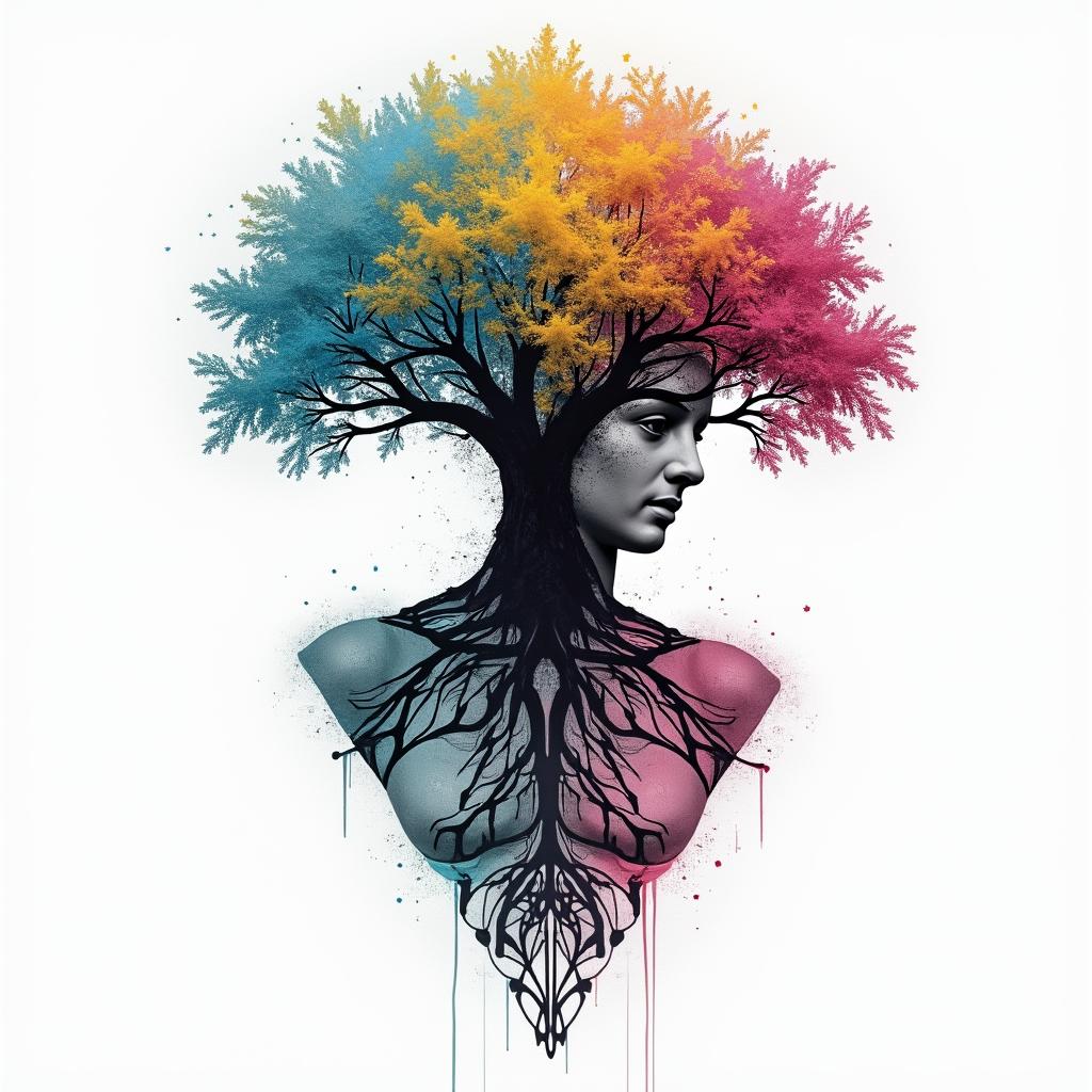 Tree of life inspiration sacred geometry timein distorted and fragmented tattoo design, featuring a classical statue bust, in a glitch art style with vibrant, overlapping colors of cyan, magenta, and yellow, creating a digital distortion effect