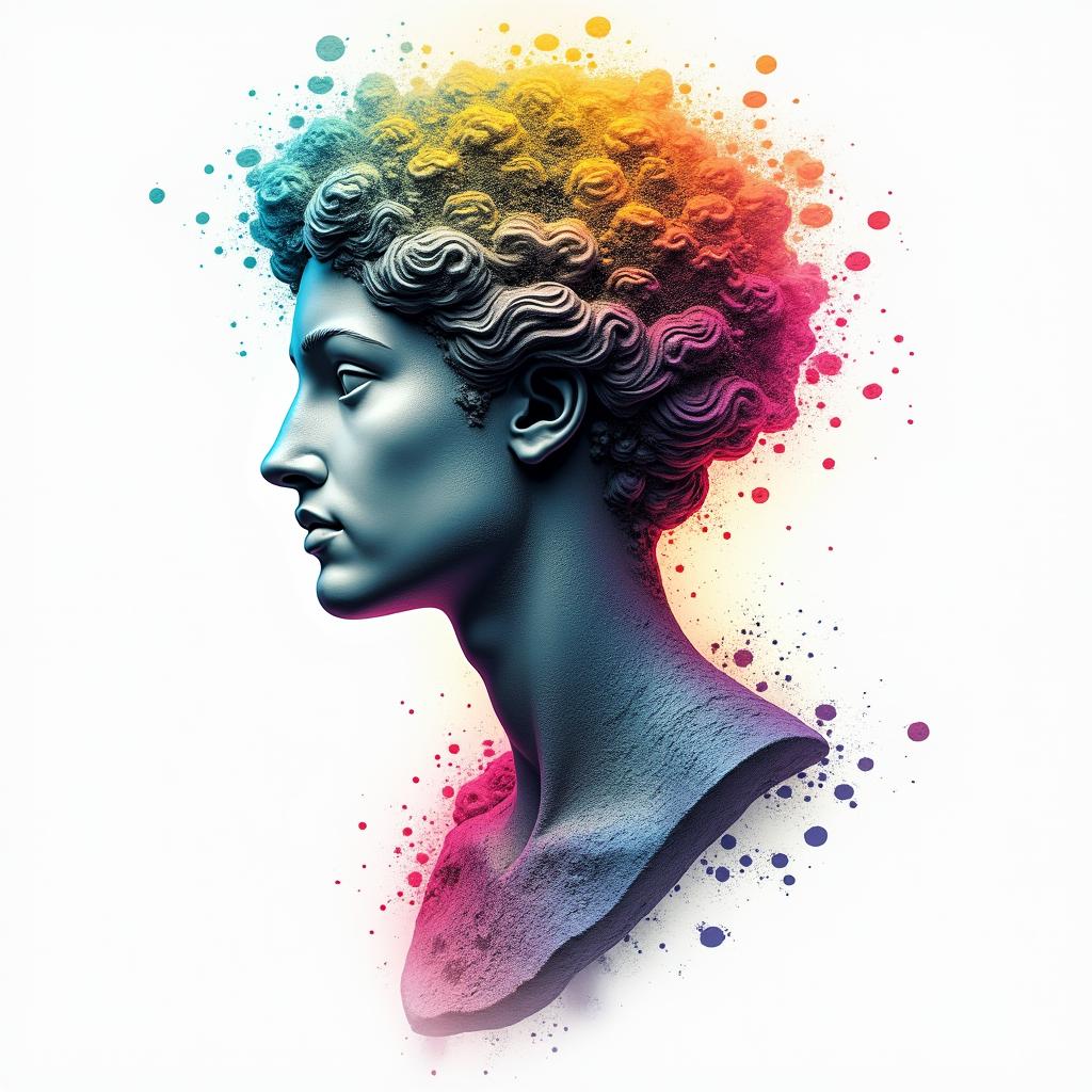 Tree of life inspiration sacred geometry timein distorted and fragmented tattoo design, featuring a classical statue bust, in a glitch art style with vibrant, overlapping colors of cyan, magenta, and yellow, creating a digital distortion effect - Variation 2