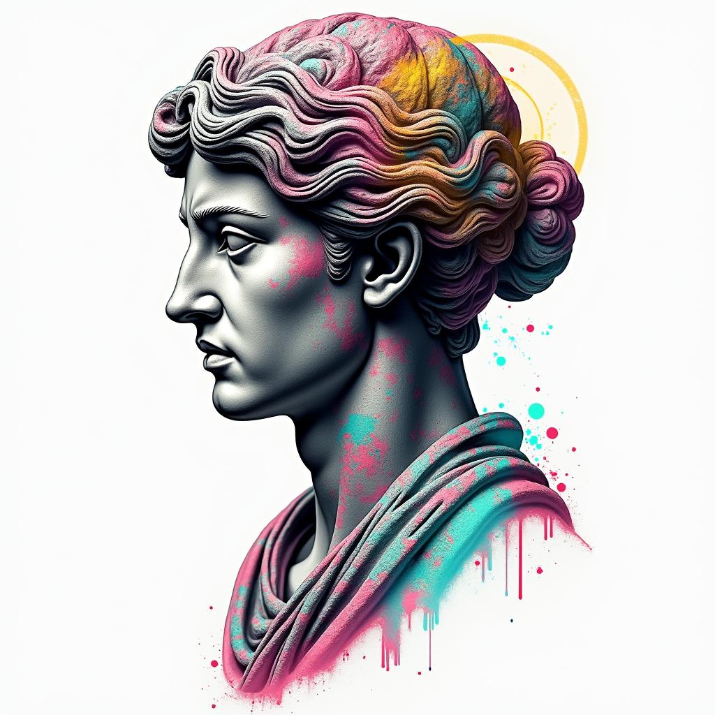 Tree of life inspiration sacred geometry timein distorted and fragmented tattoo design, featuring a classical statue bust, in a glitch art style with vibrant, overlapping colors of cyan, magenta, and yellow, creating a digital distortion effect - Variation 4