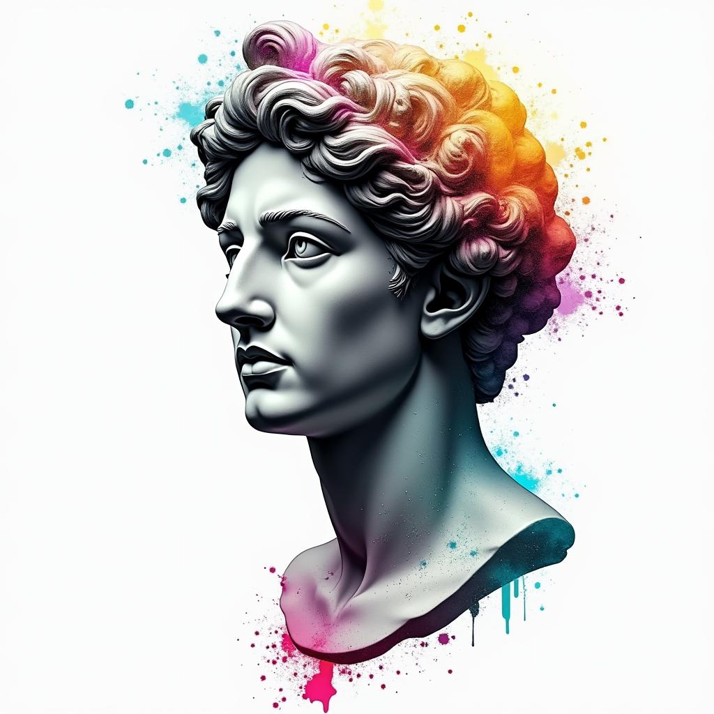 Tree of life inspiration sacred geometry timein distorted and fragmented tattoo design, featuring a classical statue bust, in a glitch art style with vibrant, overlapping colors of cyan, magenta, and yellow, creating a digital distortion effect - Variation 3