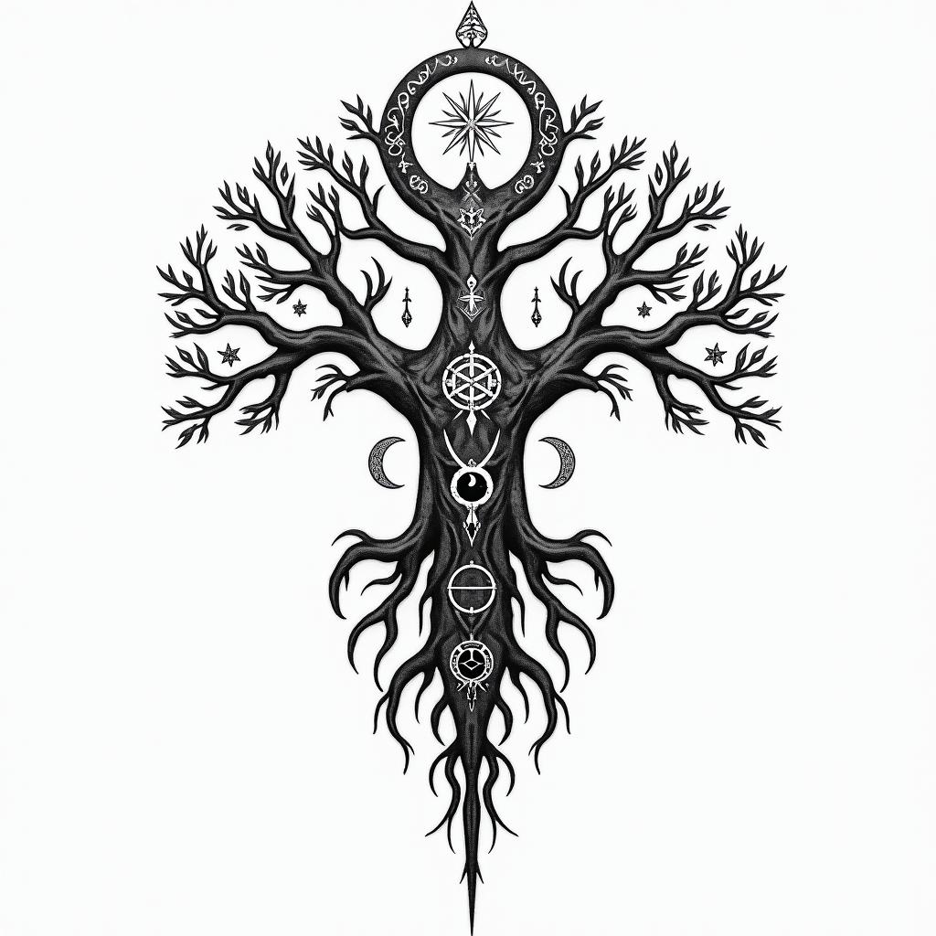 Tree of life inspiration sacred geometry timein paganic style tattoo, featuring ancient symbols, add vegvisir symbol, mystical figures, incorporating designs, pentagrams, runes, crescent moons, - Variation 3