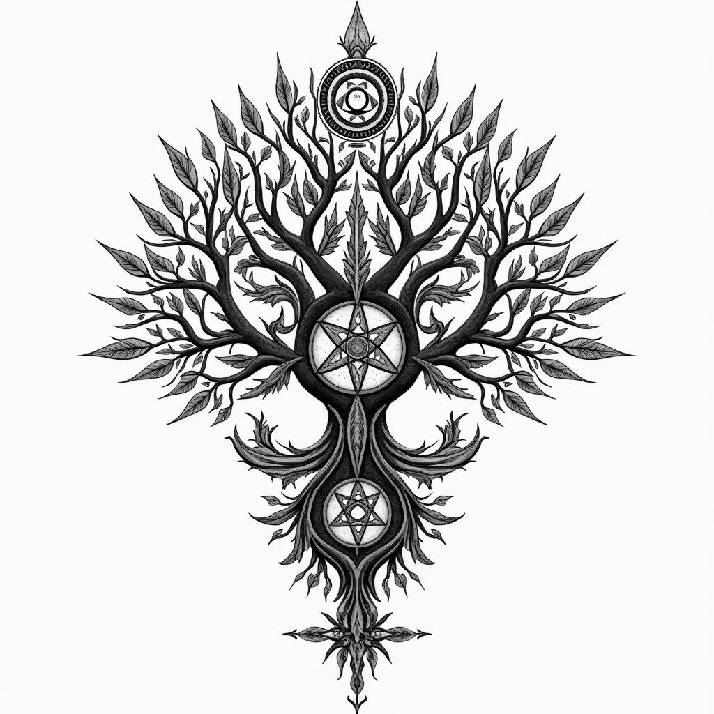 Tree of life inspiration sacred geometry timein paganic style tattoo, featuring ancient symbols, add vegvisir symbol, mystical figures, incorporating designs, pentagrams, runes, crescent moons, - Variation 4