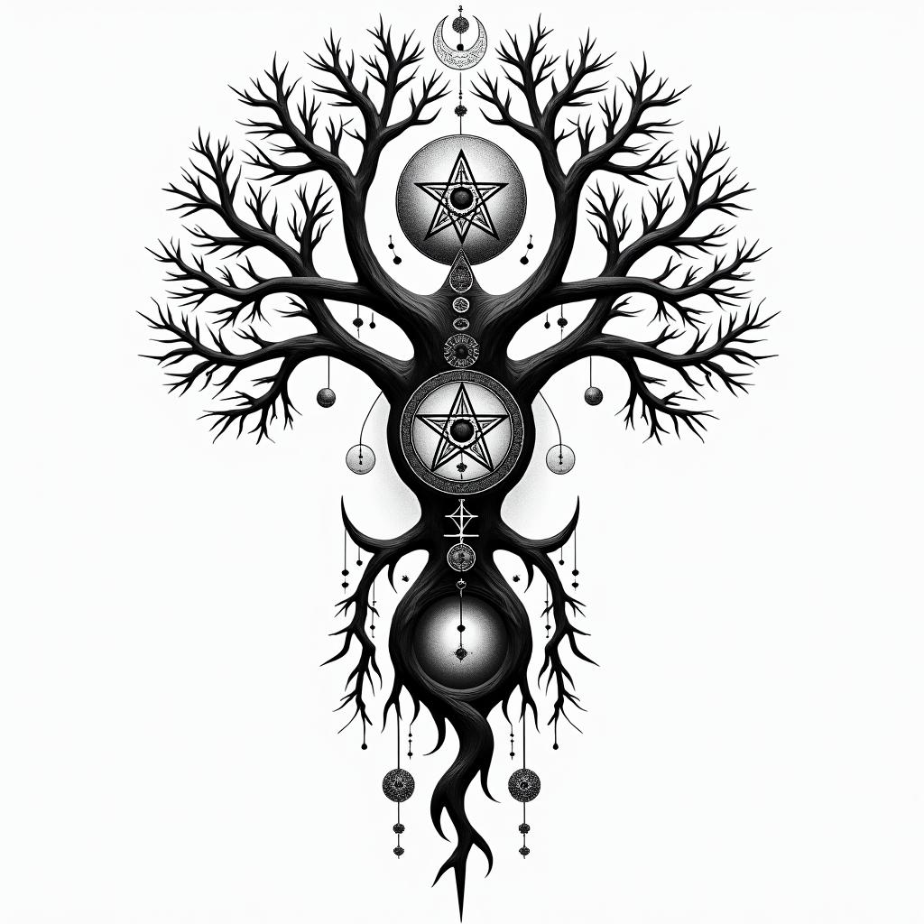 Tree of life inspiration sacred geometry timein paganic style tattoo, featuring ancient symbols, add vegvisir symbol, mystical figures, incorporating designs, pentagrams, runes, crescent moons,