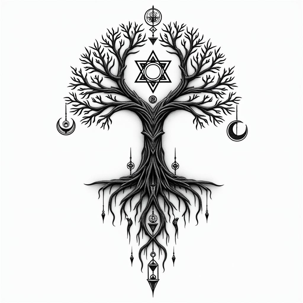 Tree of life inspiration sacred geometry timein paganic style tattoo, featuring ancient symbols, add vegvisir symbol, mystical figures, incorporating designs, pentagrams, runes, crescent moons, - Variation 2