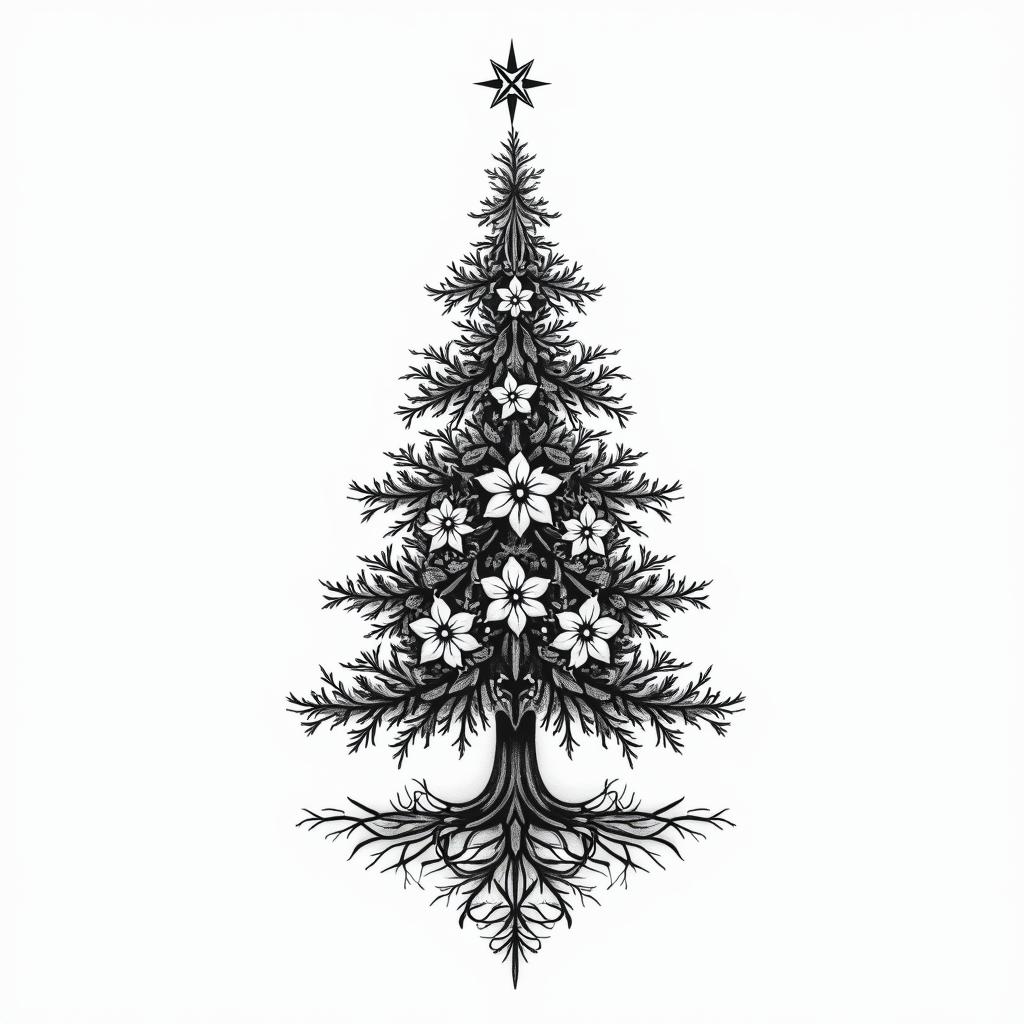 Xmas tree for dad that passed awayin ornamental tattoo style, featuring intricate symmetrical patterns and floral designs, showcasing highly detailed line work and geometric shapes, creating a sense of elegance and balance - Variation 8