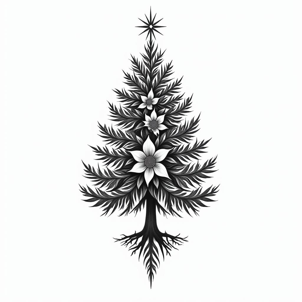 Xmas tree for dad that passed awayin ornamental tattoo style, featuring intricate symmetrical patterns and floral designs, showcasing highly detailed line work and geometric shapes, creating a sense of elegance and balance - Variation 5