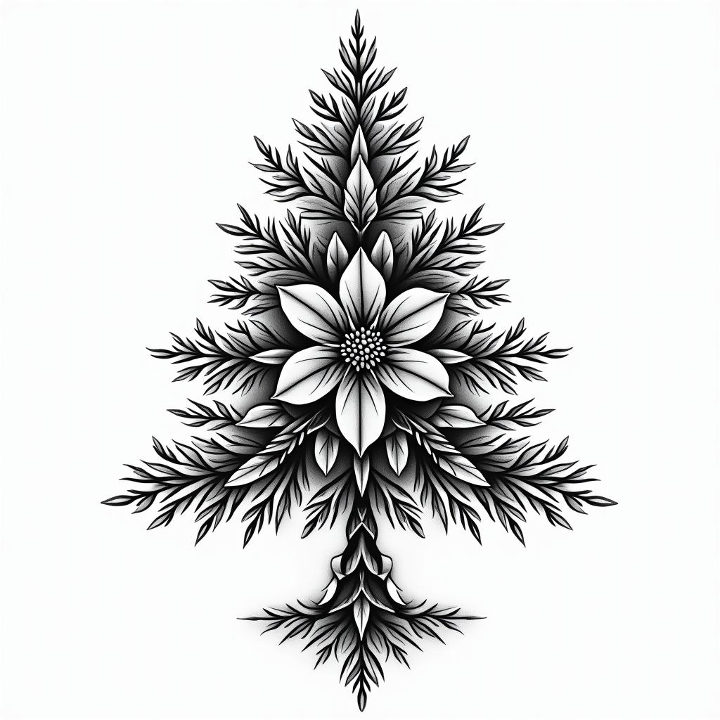 Xmas tree for dad that passed awayin ornamental tattoo style, featuring intricate symmetrical patterns and floral designs, showcasing highly detailed line work and geometric shapes, creating a sense of elegance and balance - Variation 6