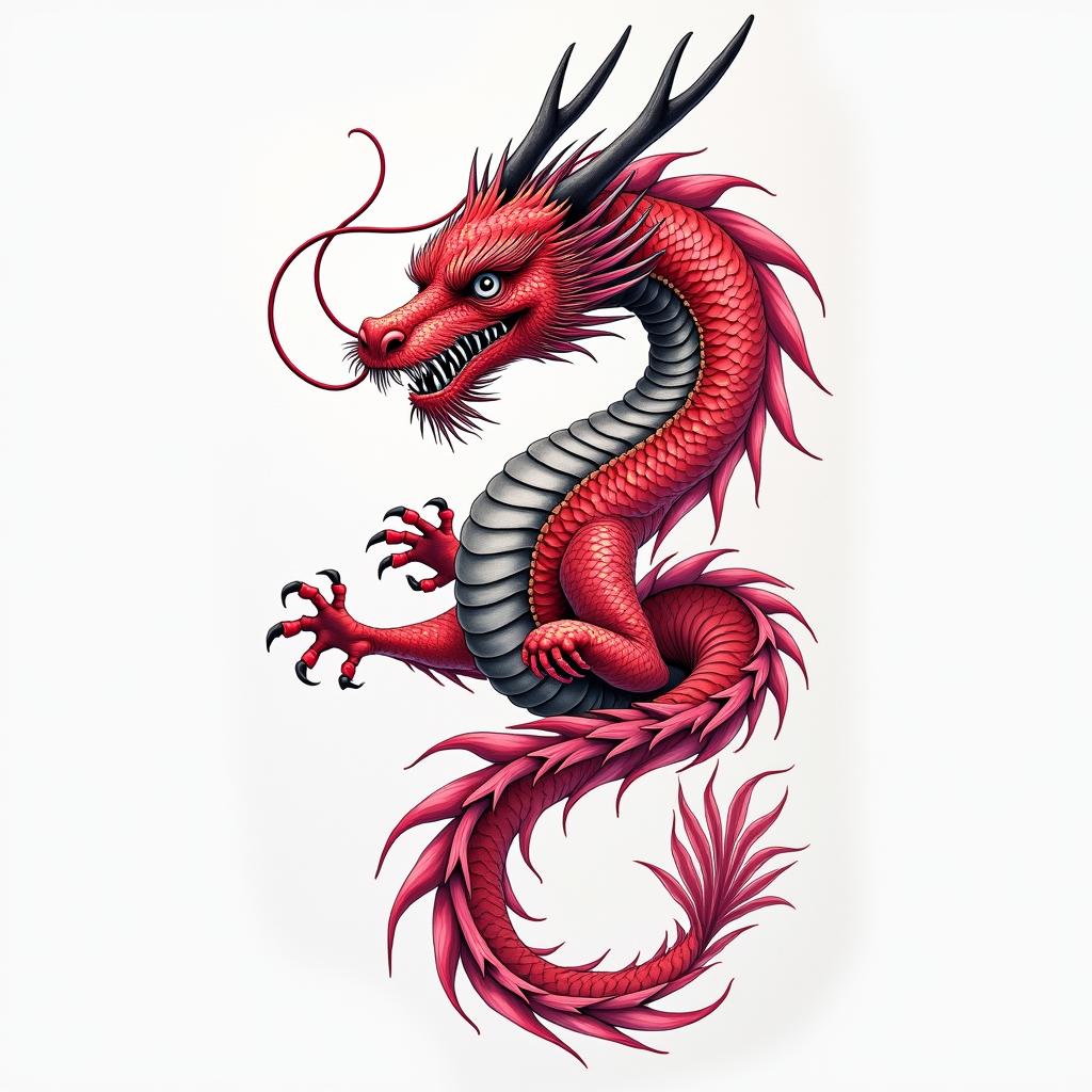 red dragon with pink flowershigly detailed tattoo - Variation 6