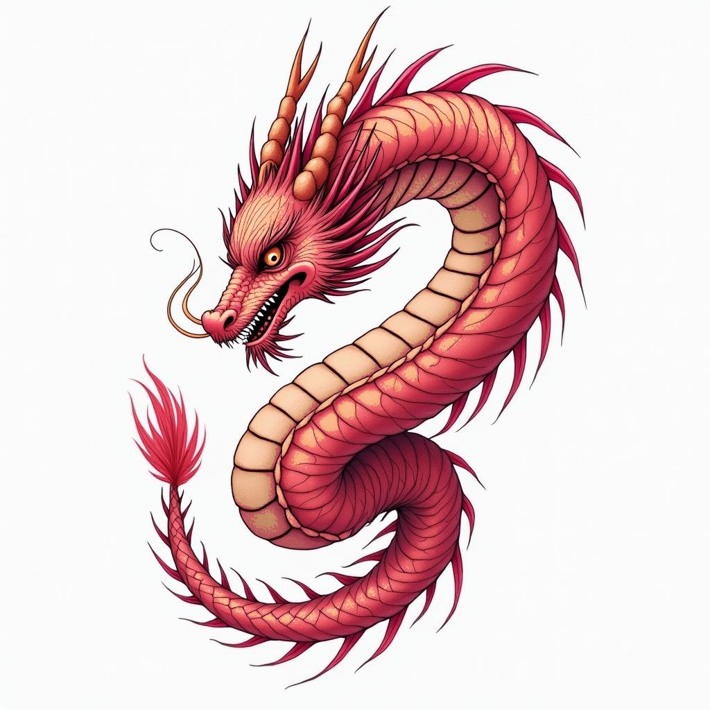 red dragon with pink flowershigly detailed tattoo - Variation 5