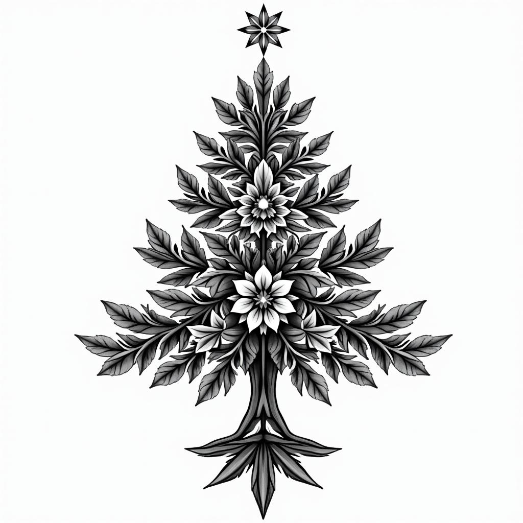 Xmas tree for dad that passed awayin ornamental tattoo style, featuring intricate symmetrical patterns and floral designs, showcasing highly detailed line work and geometric shapes, creating a sense of elegance and balance - Variation 2