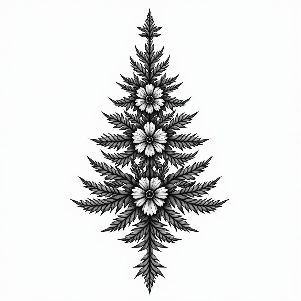 Xmas tree for dad that passed awayin ornamental tattoo style, featuring intricate symmetrical patterns and floral designs, showcasing highly detailed line work and geometric shapes, creating a sense of elegance and balance