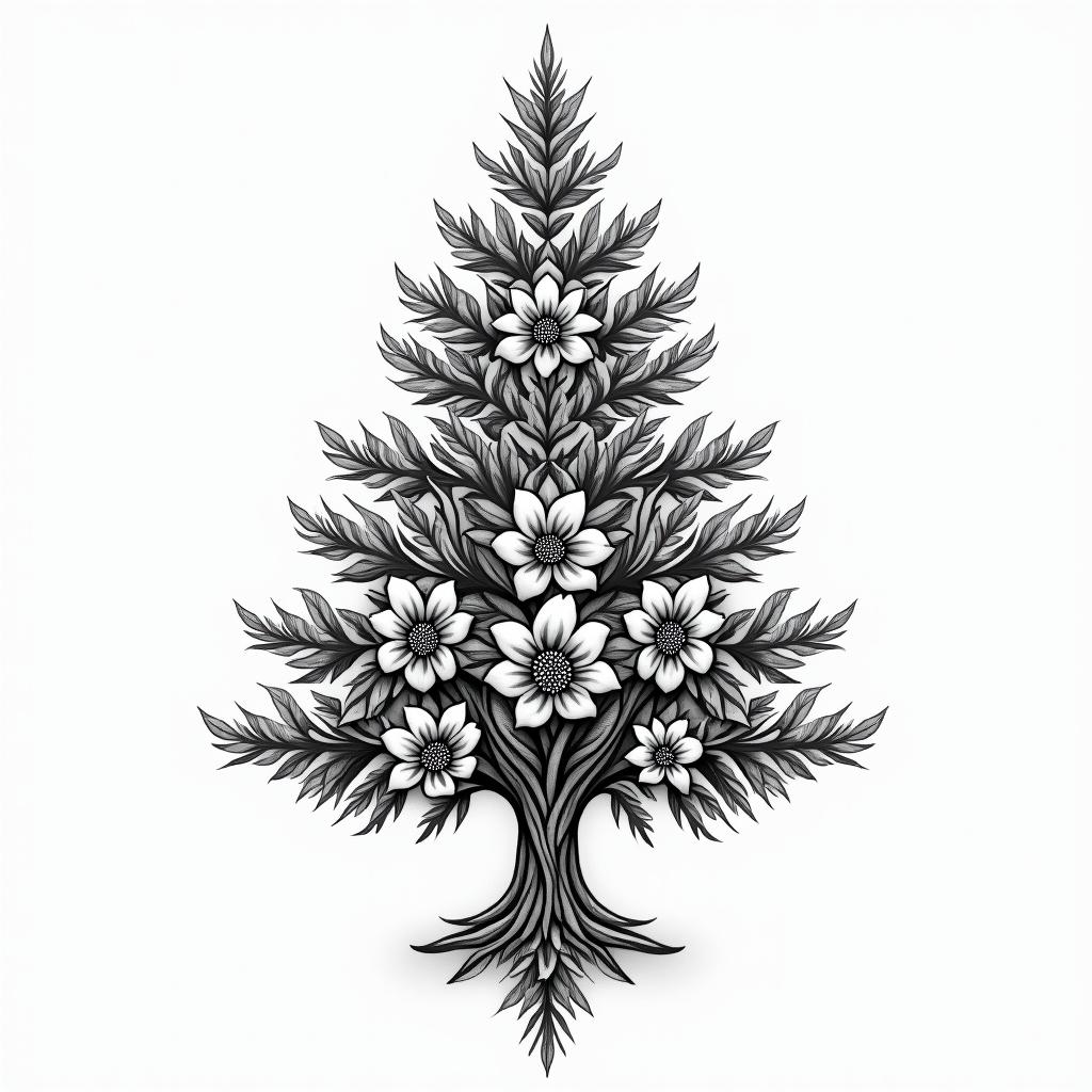 Xmas tree for dad that passed awayin ornamental tattoo style, featuring intricate symmetrical patterns and floral designs, showcasing highly detailed line work and geometric shapes, creating a sense of elegance and balance - Variation 4