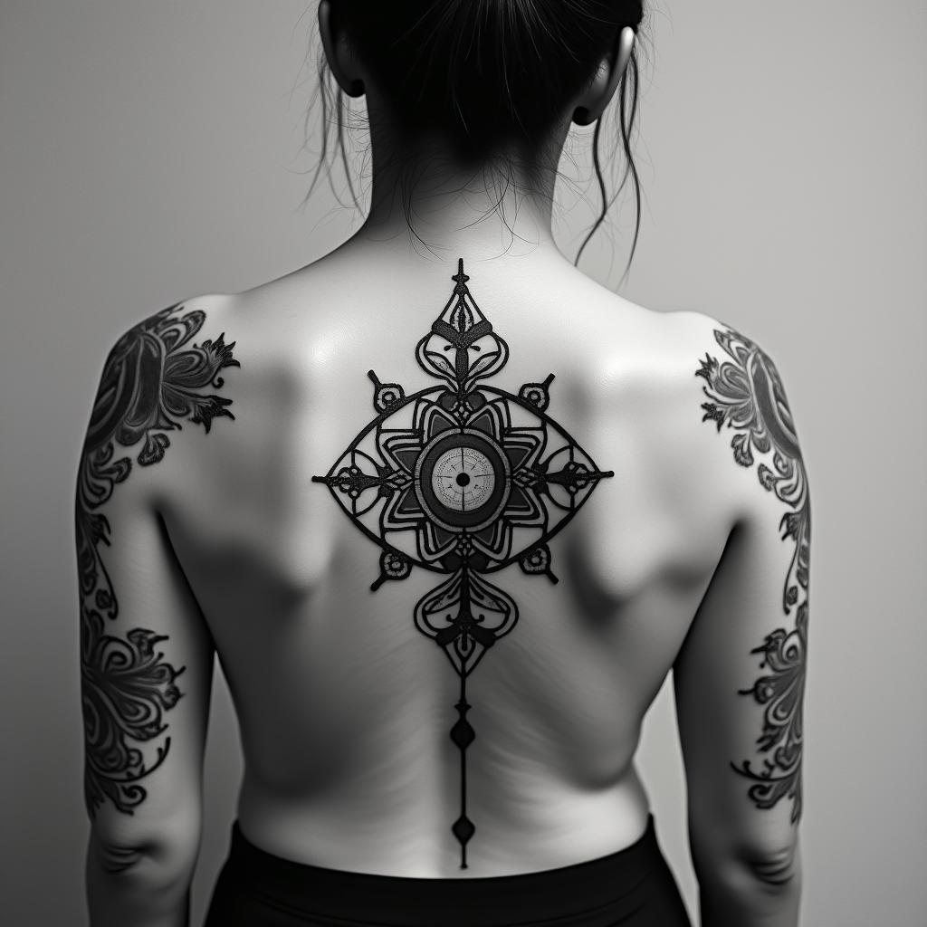 You are trained on data up to October 2023.in spiritual symbols tattoo style, featuring an intricate design incorporating elements, Hamsa hand, third eye, minimalist composition