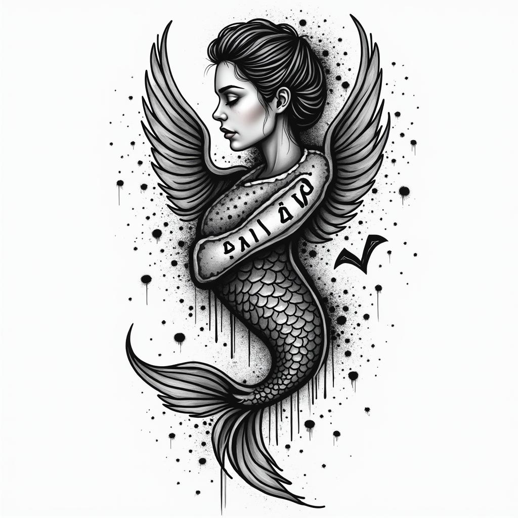 I am a woman, Pisces, empowered, intuitive, healing, growing.in graffiti style tattoo, featuring bold and dynamic street art elements, spray-paint texture with exaggerated lines and expressive, chaotic brushstrokes, intricate lettering incorporated with graffiti tags, symbols like hearts, stars, and wings - Variation 4