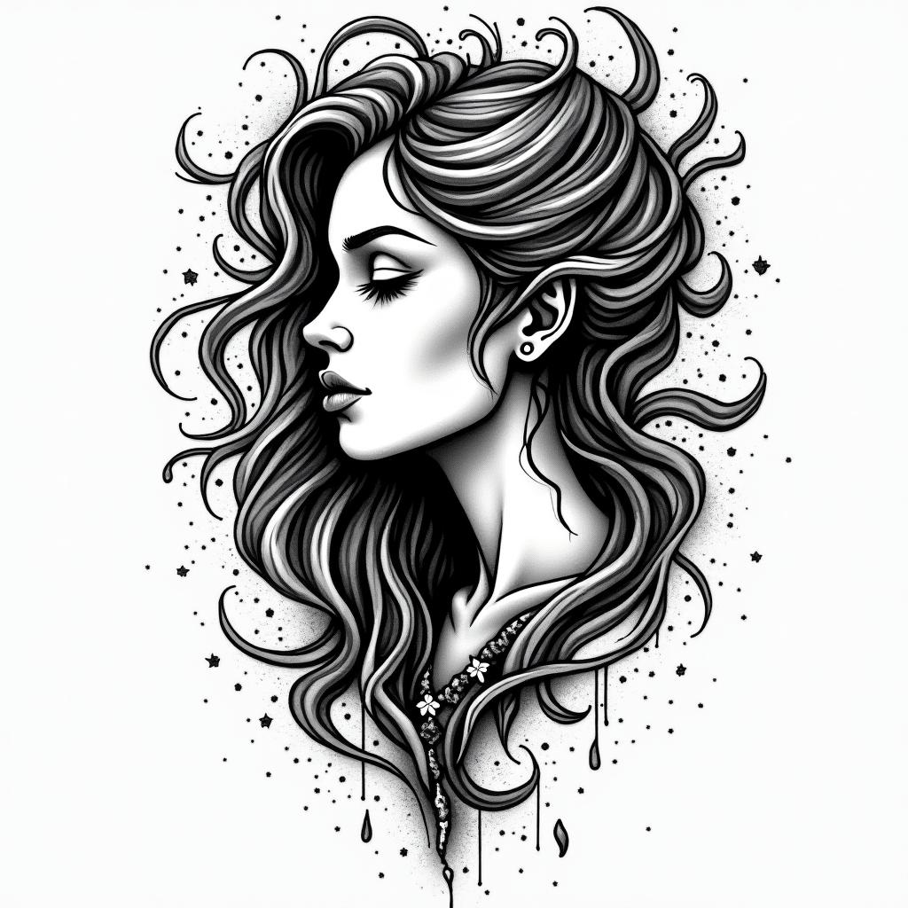 I am a woman, Pisces, empowered, intuitive, healing, growing.in graffiti style tattoo, featuring bold and dynamic street art elements, spray-paint texture with exaggerated lines and expressive, chaotic brushstrokes, intricate lettering incorporated with graffiti tags, symbols like hearts, stars, and wings