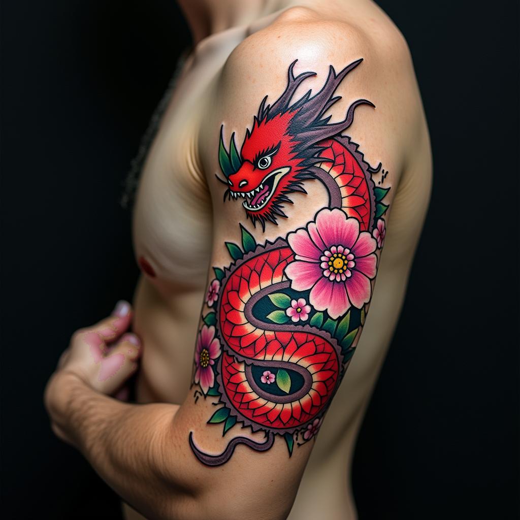 red dragon with pink flowershigly detailed tattoo - Variation 4