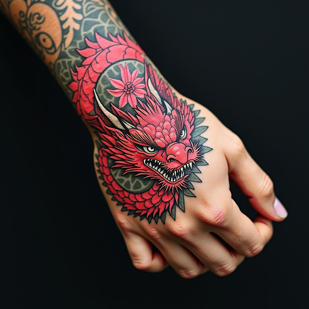 red dragon with pink flowershigly detailed tattoo - Variation 2