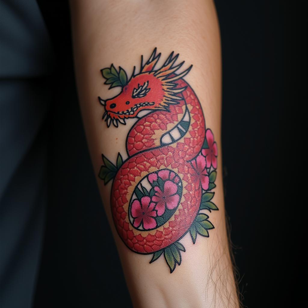 red dragon with pink flowershigly detailed tattoo