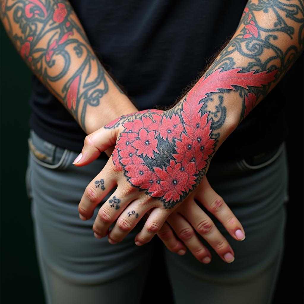 red dragon with pink flowershigly detailed tattoo - Variation 3