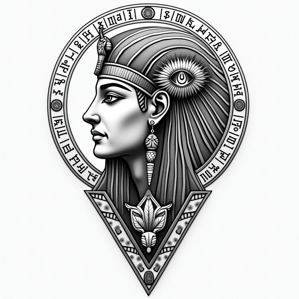 Tree of life inspiration sacred geometry timein egyptian style tattoo, bold elements of ancient egyptian culture including a portrait of an Egyptian pharaoh with detailed facial features, in hieroglyphs and symbolic imagery, eye of horus, ankh symbol, scarab beetle - Variation 3
