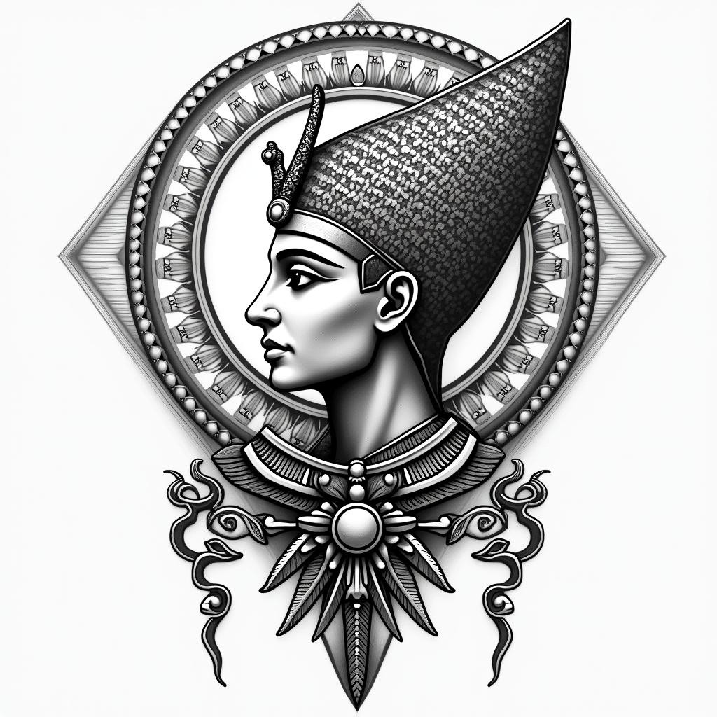 Tree of life inspiration sacred geometry timein egyptian style tattoo, bold elements of ancient egyptian culture including a portrait of an Egyptian pharaoh with detailed facial features, in hieroglyphs and symbolic imagery, eye of horus, ankh symbol, scarab beetle - Variation 4