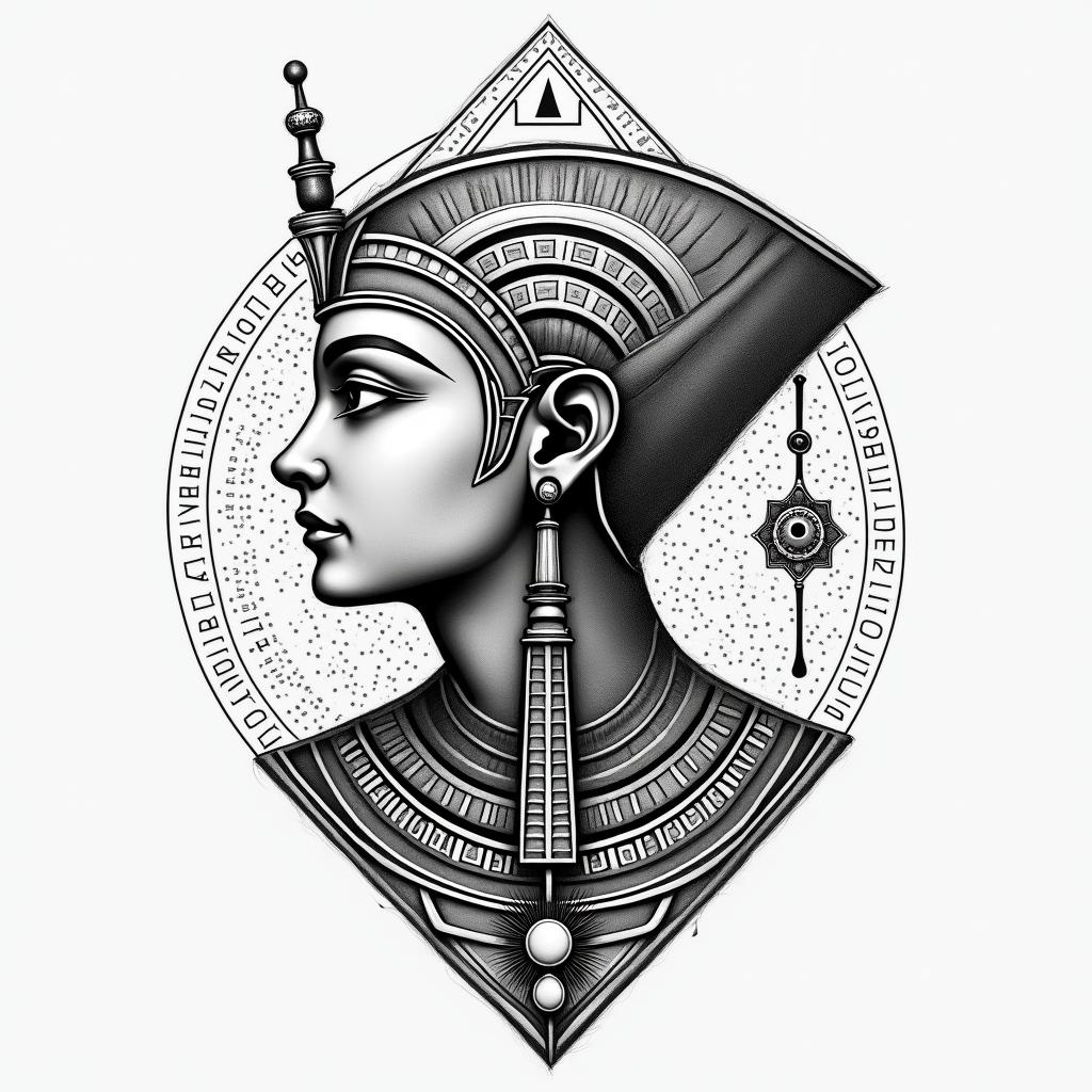 Tree of life inspiration sacred geometry timein egyptian style tattoo, bold elements of ancient egyptian culture including a portrait of an Egyptian pharaoh with detailed facial features, in hieroglyphs and symbolic imagery, eye of horus, ankh symbol, scarab beetle