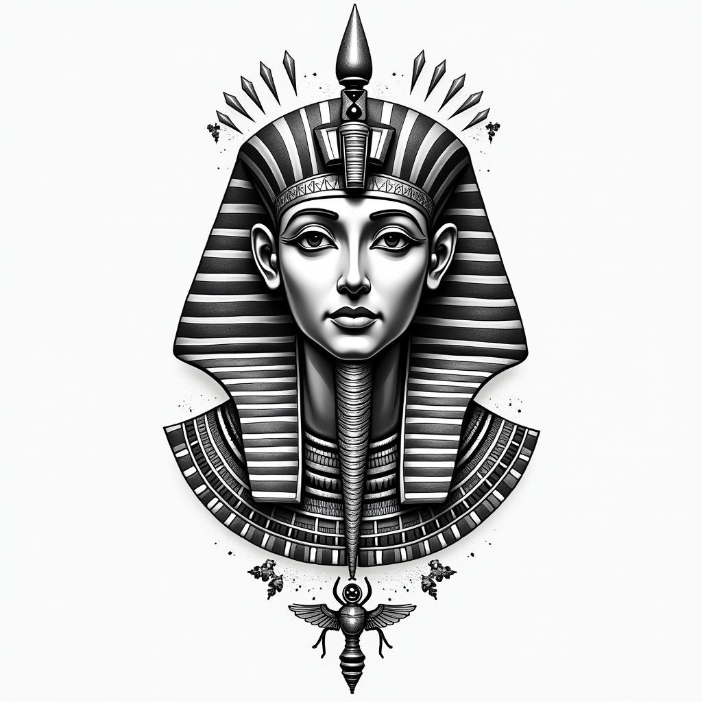 Tree of life inspiration sacred geometry timein egyptian style tattoo, bold elements of ancient egyptian culture including a portrait of an Egyptian pharaoh with detailed facial features, in hieroglyphs and symbolic imagery, eye of horus, ankh symbol, scarab beetle - Variation 2