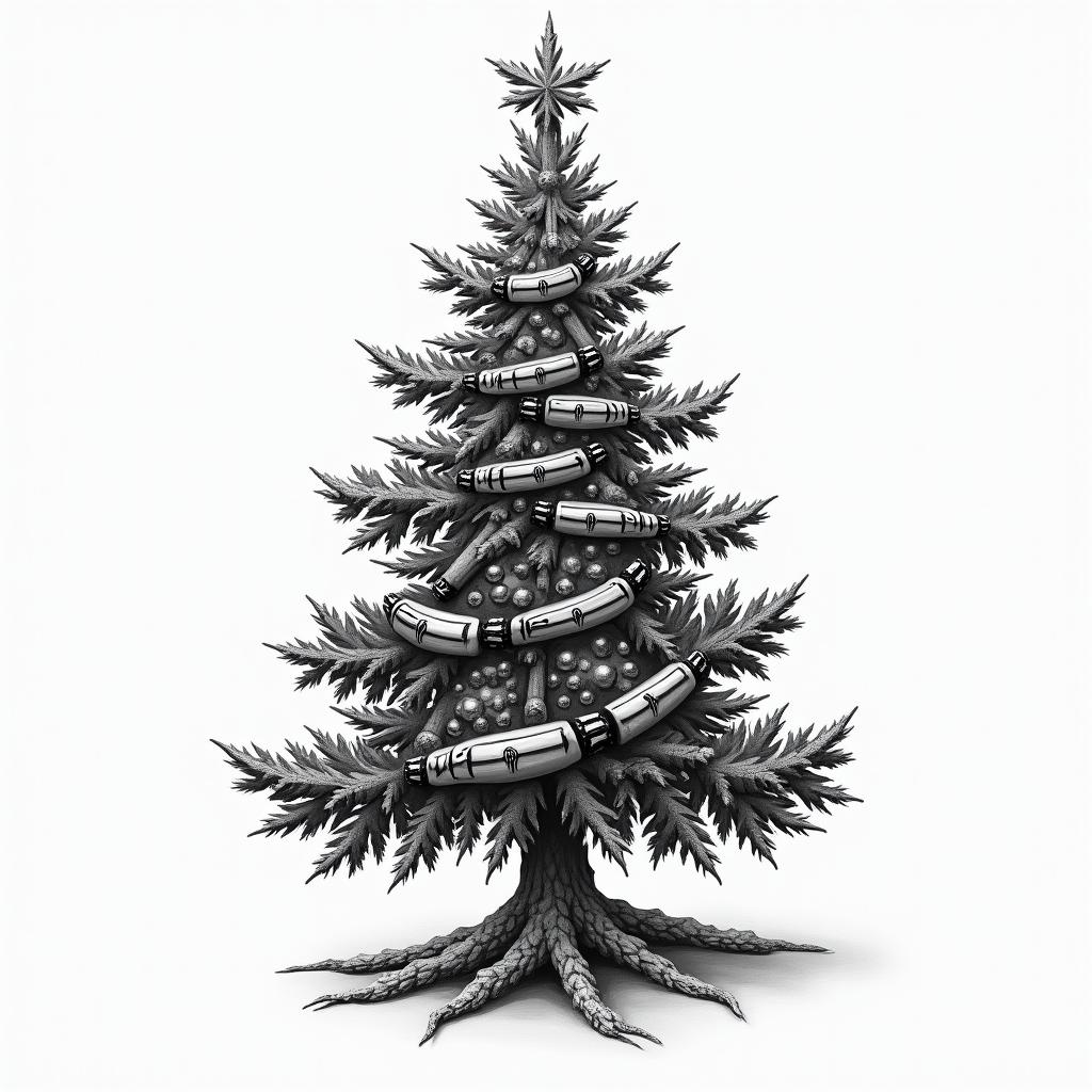Xmas tree for dad that passed awaytattoo in biomechanic style, the tattoo covered by robotic elements of futuristic cyberpunk design, robotic features detail, showcasing intricate mechanical components - Variation 2
