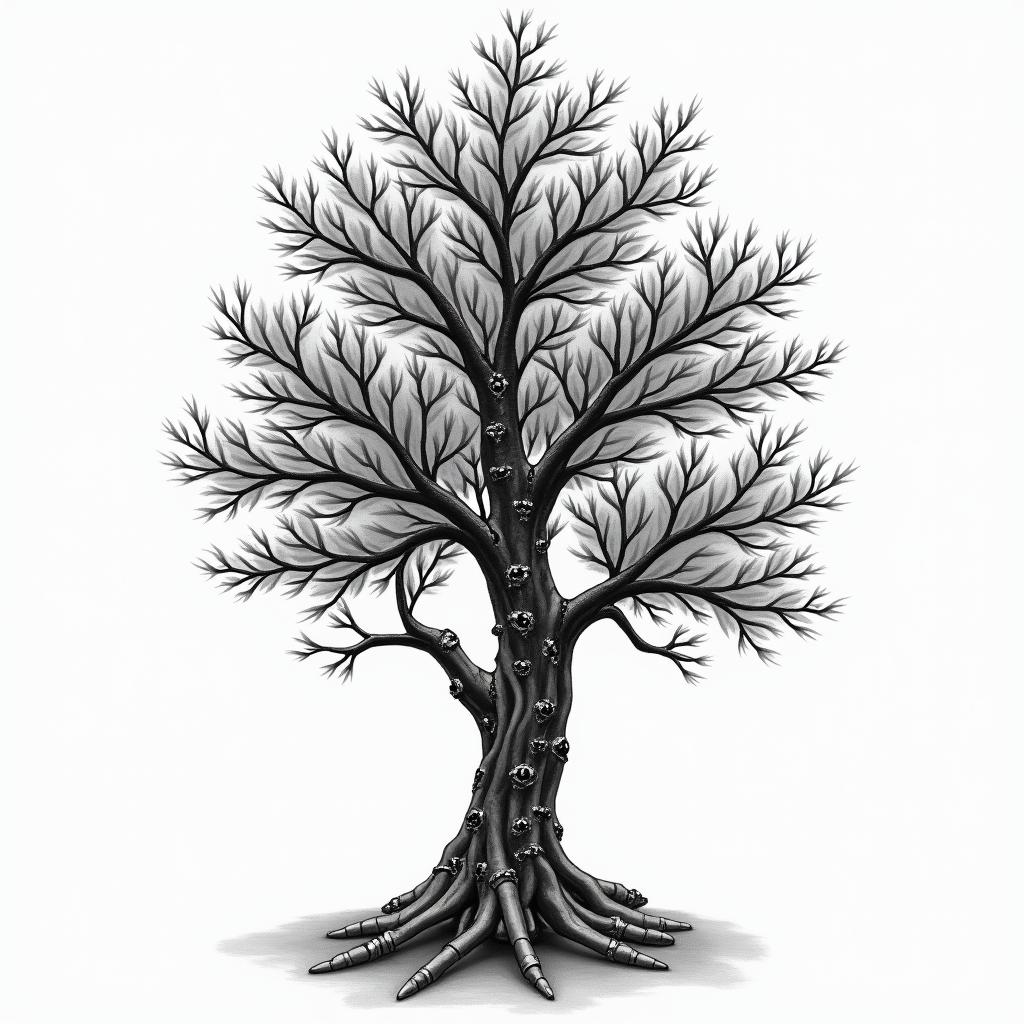 Xmas tree for dad that passed awaytattoo in biomechanic style, the tattoo covered by robotic elements of futuristic cyberpunk design, robotic features detail, showcasing intricate mechanical components