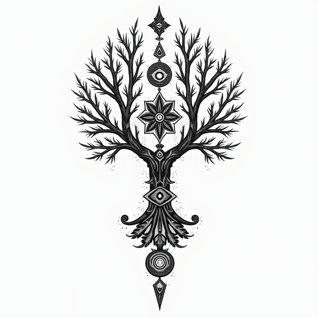Tree of life inspiration sacred geometry timein spiritual symbols tattoo style, featuring an intricate design incorporating elements, Hamsa hand, third eye, minimalist composition - Variation 2
