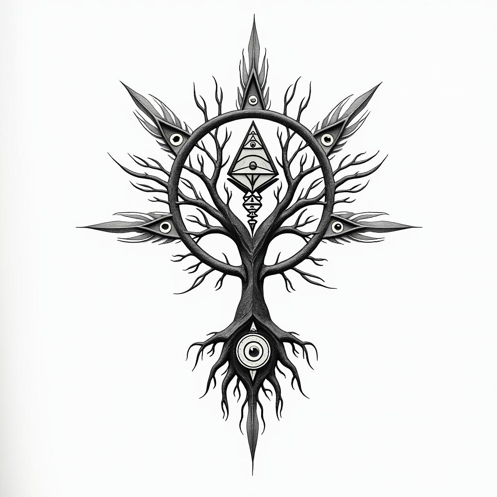 Tree of life inspiration sacred geometry timein spiritual symbols tattoo style, featuring an intricate design incorporating elements, Hamsa hand, third eye, minimalist composition - Variation 4