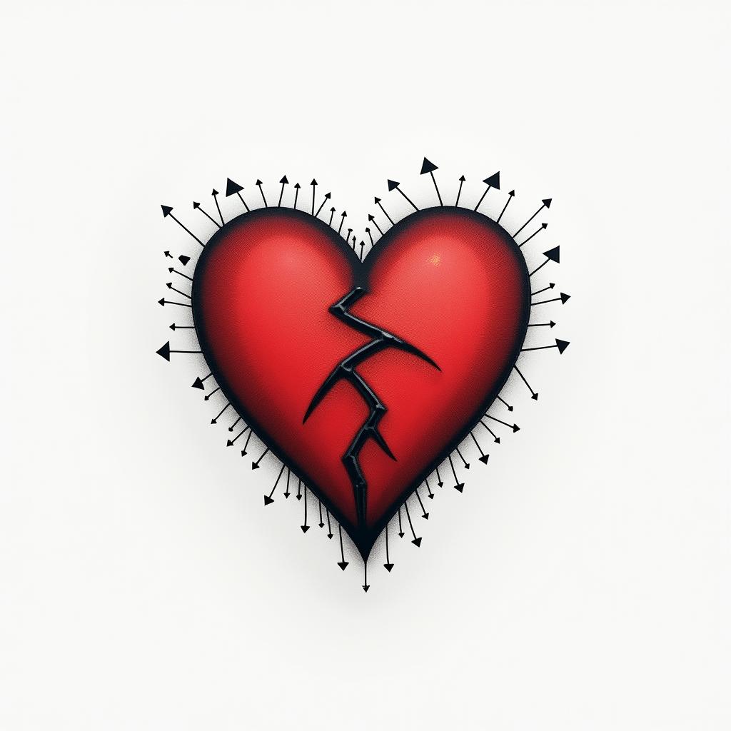 A human heart in red in the middle of the chestin minimalist style tattoo, featuring simple shapes and fine lines, with minimal shading and details, tiny triangles, creating a sense of balance and harmony