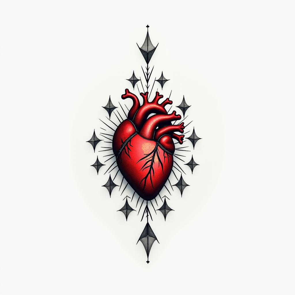 A human heart in red in the middle of the chestin minimalist style tattoo, featuring simple shapes and fine lines, with minimal shading and details, tiny triangles, creating a sense of balance and harmony - Variation 3