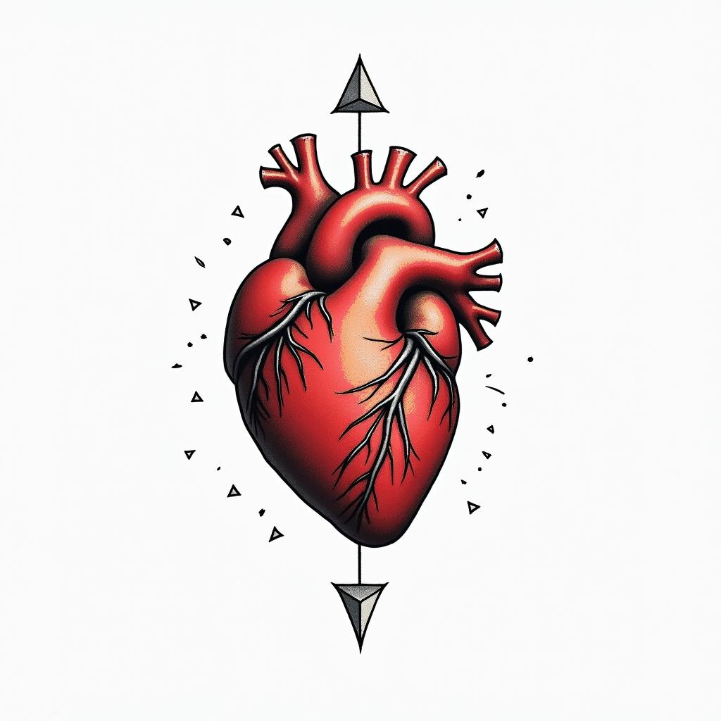 A human heart in red in the middle of the chestin minimalist style tattoo, featuring simple shapes and fine lines, with minimal shading and details, tiny triangles, creating a sense of balance and harmony - Variation 4