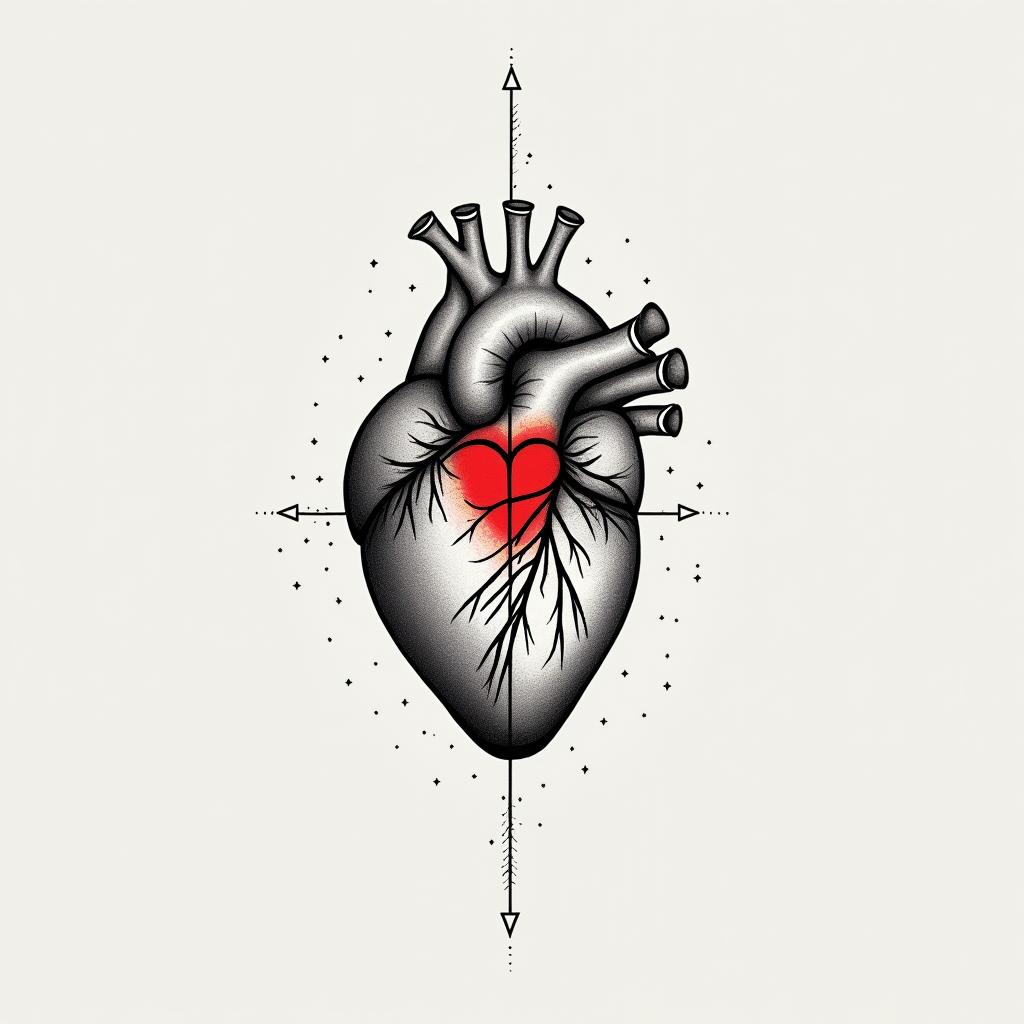 A human heart in red in the middle of the chestin minimalist style tattoo, featuring simple shapes and fine lines, with minimal shading and details, tiny triangles, creating a sense of balance and harmony - Variation 2