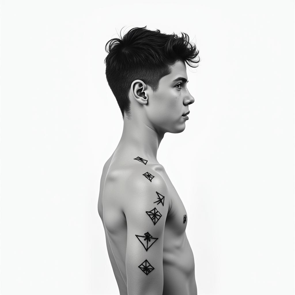 José, 23 years old, Azores, agro boyin minimalist style tattoo, featuring simple shapes and fine lines, with minimal shading and details, tiny triangles, creating a sense of balance and harmony - Variation 2