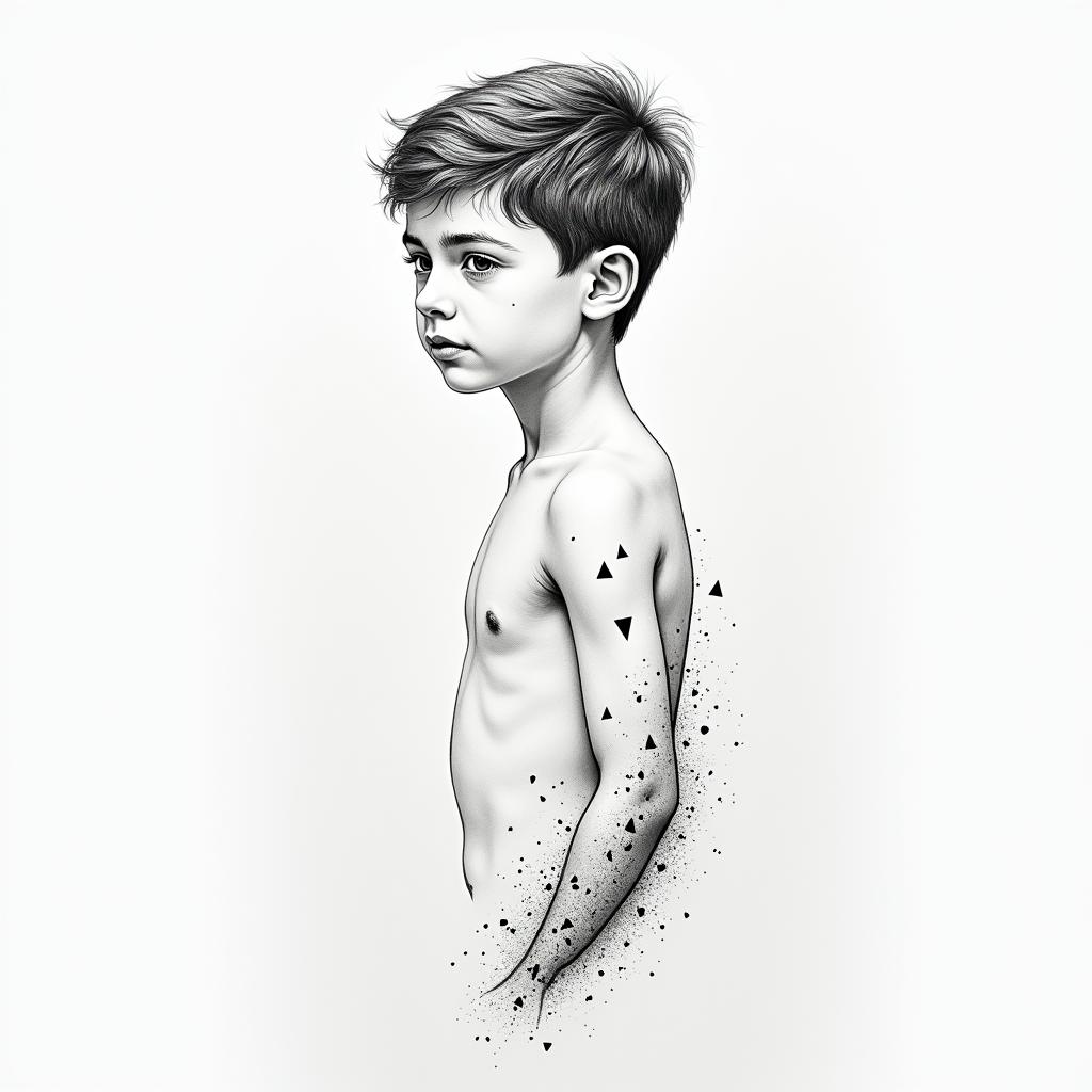 José, 23 years old, Azores, agro boyin minimalist style tattoo, featuring simple shapes and fine lines, with minimal shading and details, tiny triangles, creating a sense of balance and harmony - Variation 3
