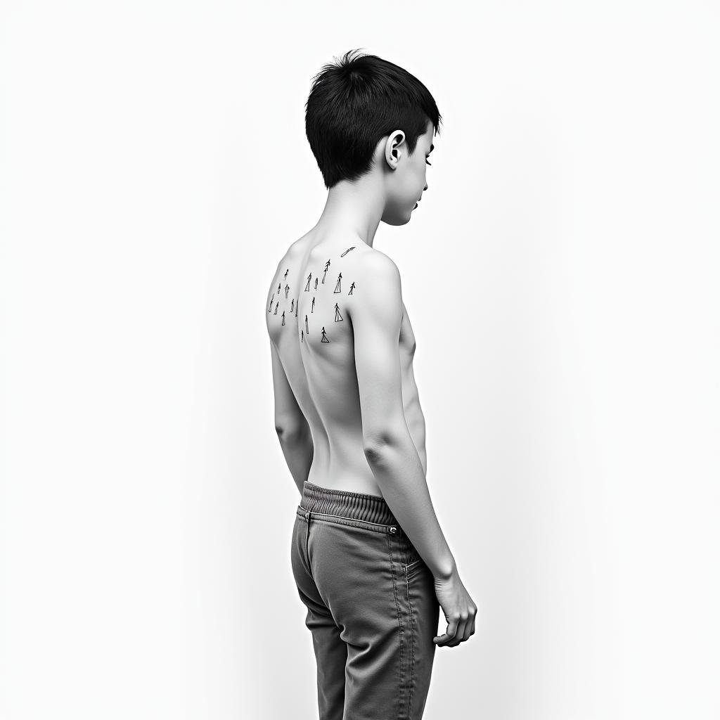 José, 23 years old, Azores, agro boyin minimalist style tattoo, featuring simple shapes and fine lines, with minimal shading and details, tiny triangles, creating a sense of balance and harmony - Variation 1