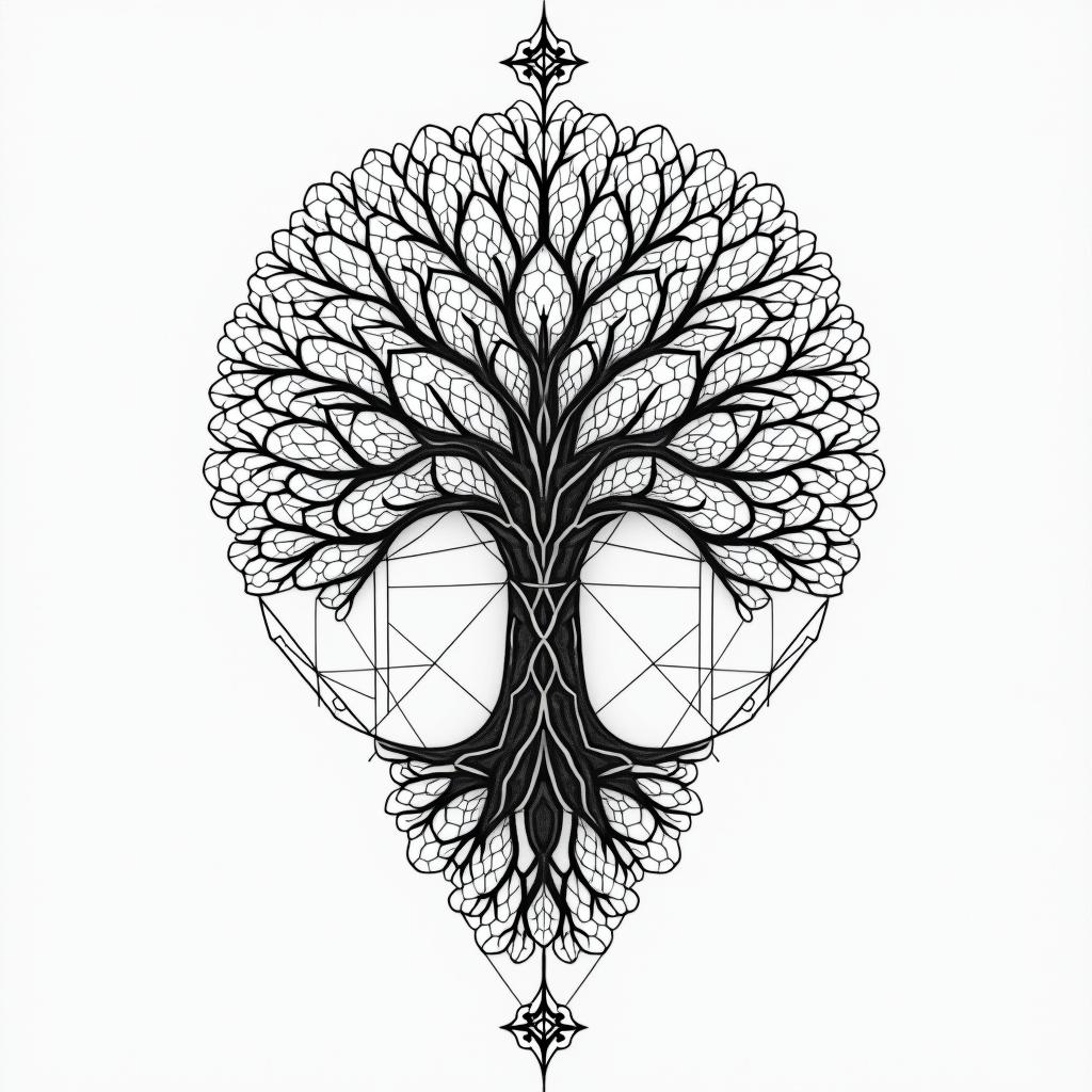 Tree of life inspiration sacred geometry time in geometric style tattoo, blending hexagons, mandala-inspired patterns, symmetrical and fractal design, clean lines, sharp angles - Variation 3