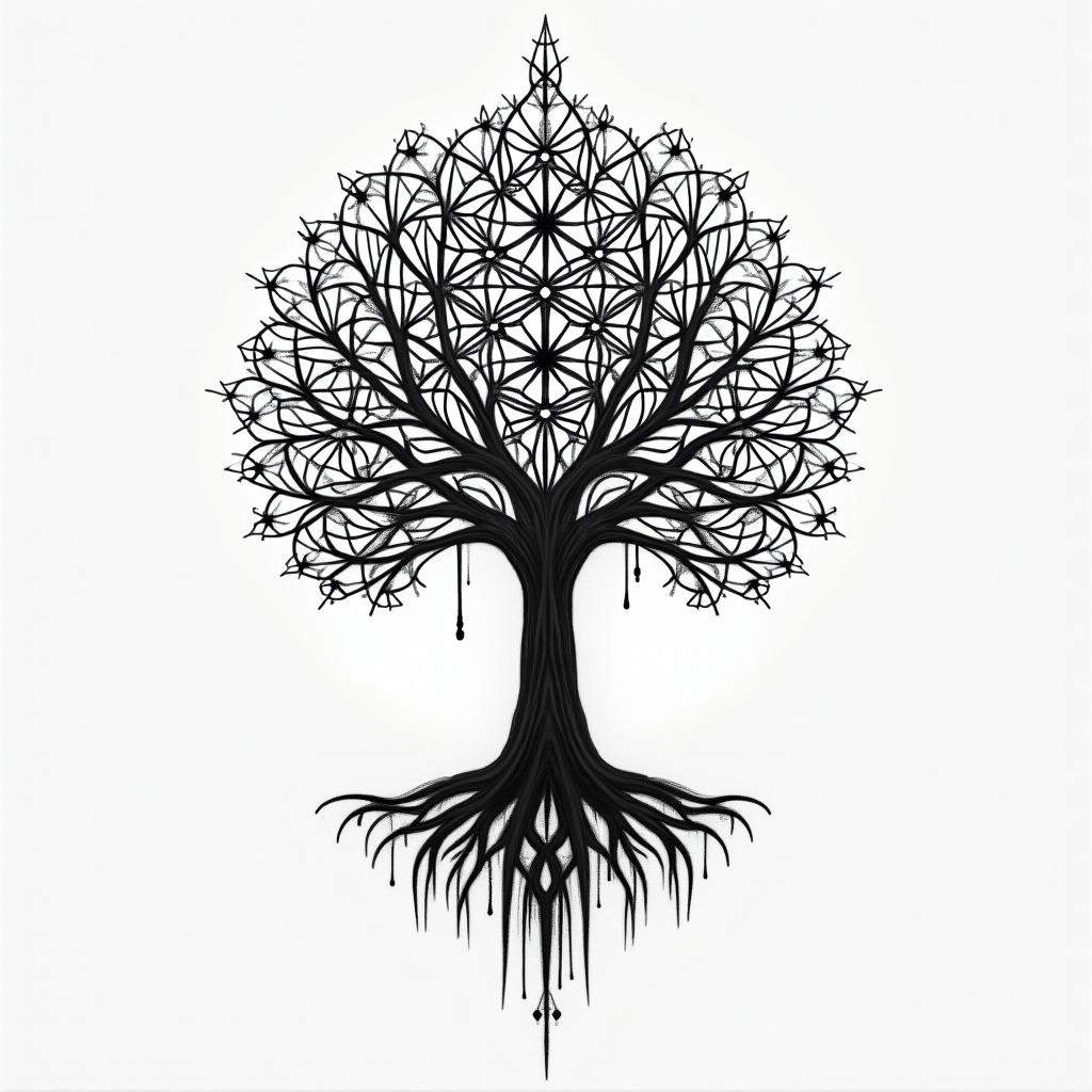 Tree of life inspiration sacred geometry time in geometric style tattoo, blending hexagons, mandala-inspired patterns, symmetrical and fractal design, clean lines, sharp angles - Variation 1